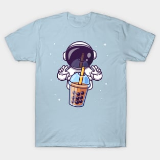 Cute Astronaut With Boba Milk Tea Cartoon T-Shirt